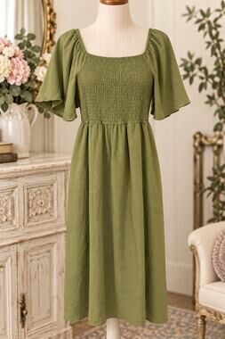 Bobocau Olive Green Smocked Midi Dress M Square Neck Flutter Sleeve Boho